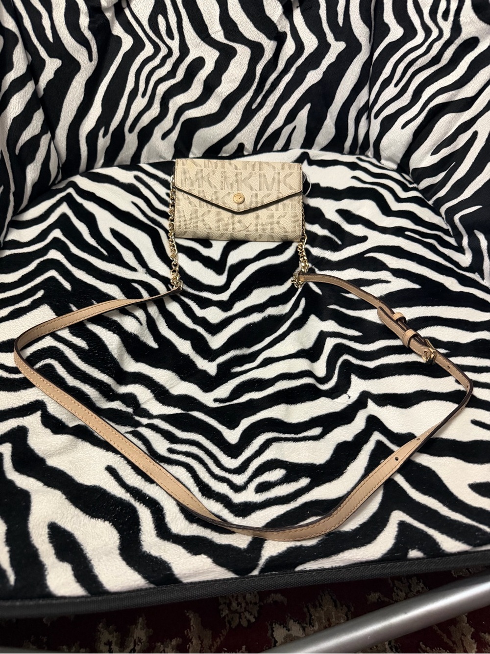 Michael Kors Cream MK Logo Mini Crossbody with Gold Chain